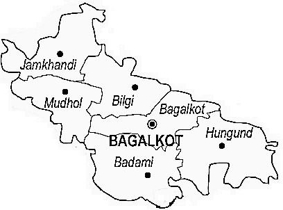 Bagalkot District  Map . Surrounded by Bijapur District District ,Gadag District ,Koppal District , .  