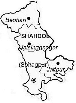 Shahdol District  Map . Surrounded by Anuppur District ,Dindori District ,Sidhi District , .  