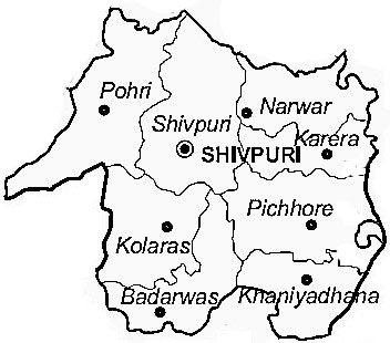 Shivpuri District  Map . Surrounded by Datia District ,Jhansi District ,Guna District , .  