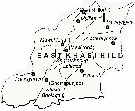 East Khasi Hills District  Map . Surrounded by Peren District ,Ri Bhoi District ,Jaintia Hills District , .  