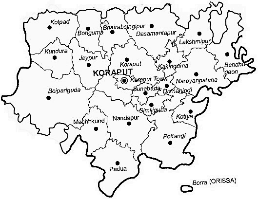 Malkangiri District  Map . Surrounded by Dantewada District ,Bastar District ,Koraput District , .  