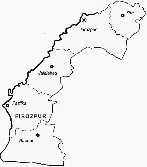 Firozepur District  Map . Surrounded by Faridkot District ,Muktsar District ,Moga District , .  