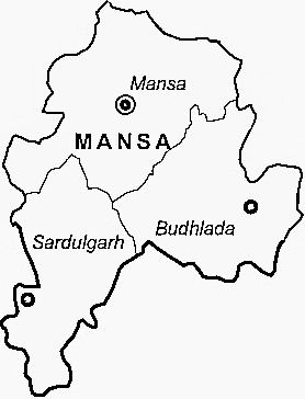 Mansa District  Map . Surrounded by Barnala District ,Bathinda District ,Sangrur District , .  