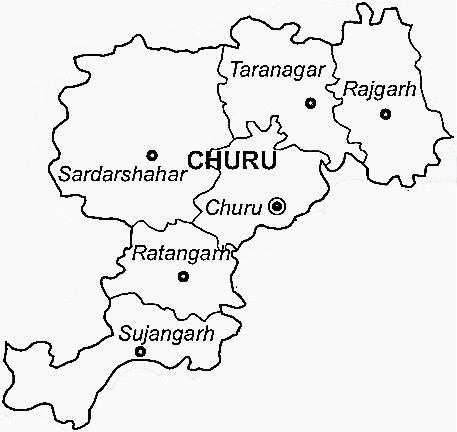Churu District  Map . Surrounded by Jhunjhunu District ,Sikar District ,Mahendragarh District , .  