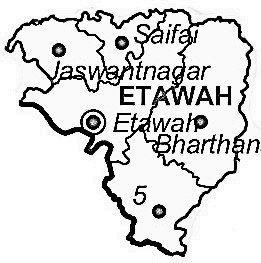 Etawah District  Map . Surrounded by Bhind District ,Mainpuri District ,Auraiya District , .  