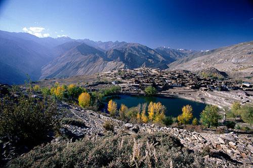 Himalayan landscape, Nako Lake and village shown