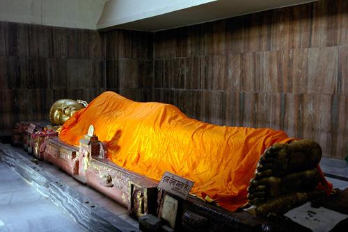The ancient excavated Buddha-image inside the Parinirvana Temple